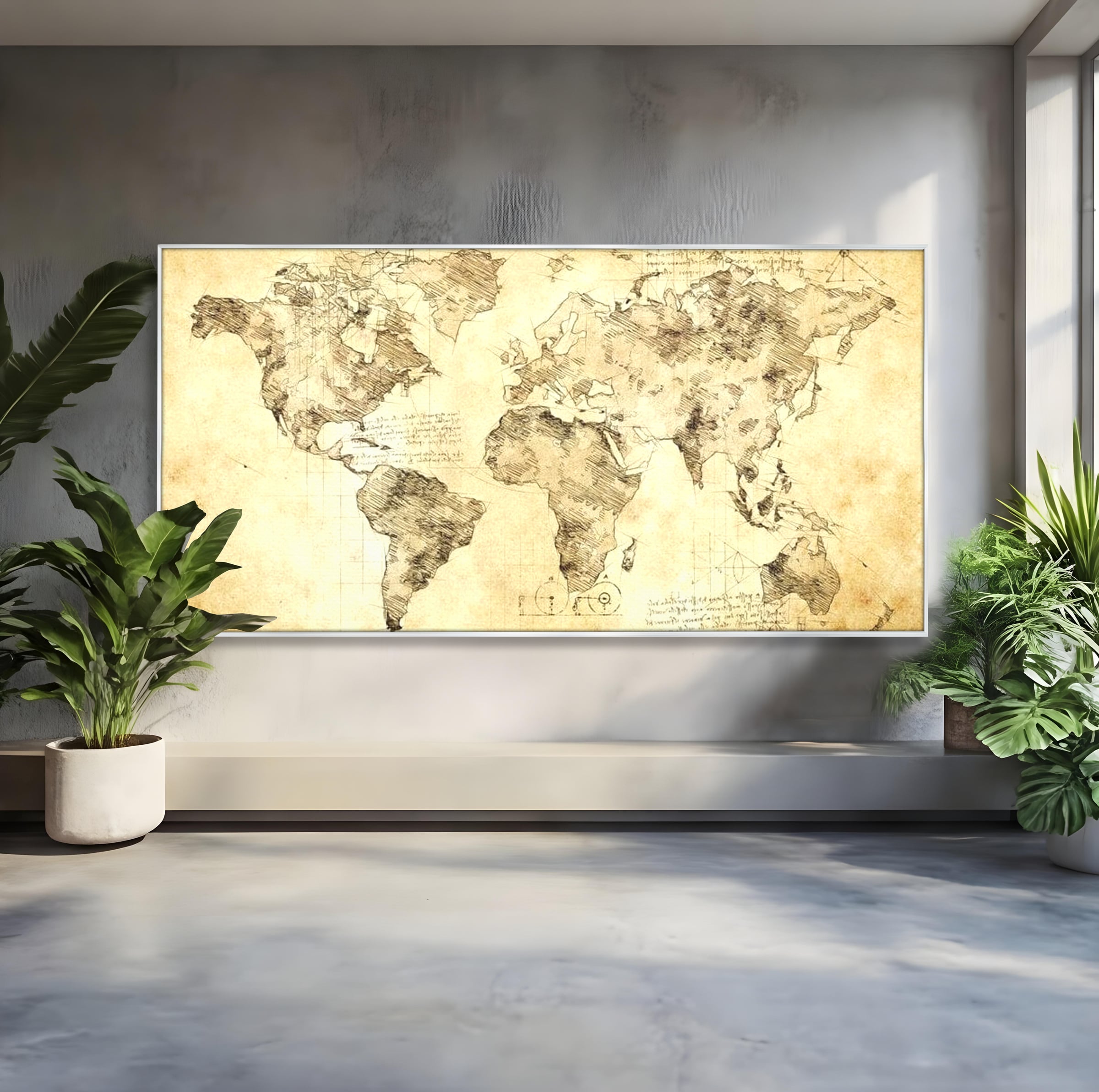 Tablou canvas cu harta lumii stil vechi pe panza, in rama de aluminiu argintiu